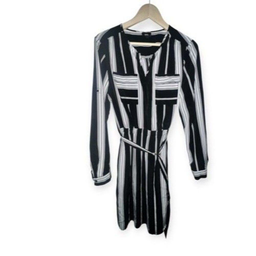 Mossimo Striped Belted Long Sleeve Dress Womens Large Black White